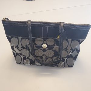 Classic Coach Shoulder Signature Fabric and Black Trim Purse 16x10x6